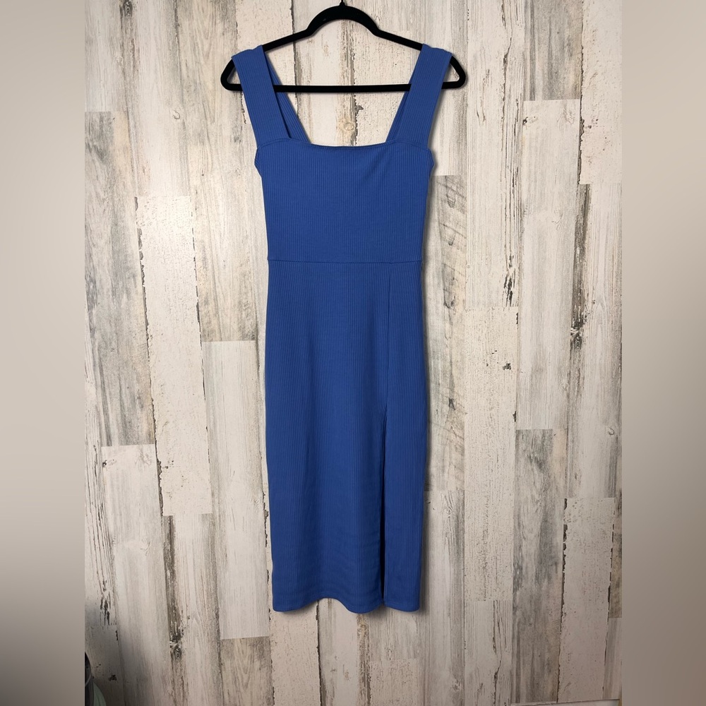 Reformation Cassi Blue Square Neck Fitted Eco-Rib lightweight Dress Sz small - Picture 3 of 10